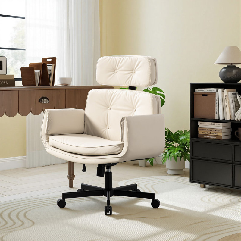 33.86"W Tilting Office Chair with Adjustable Armrest, Faux Leather, Beige