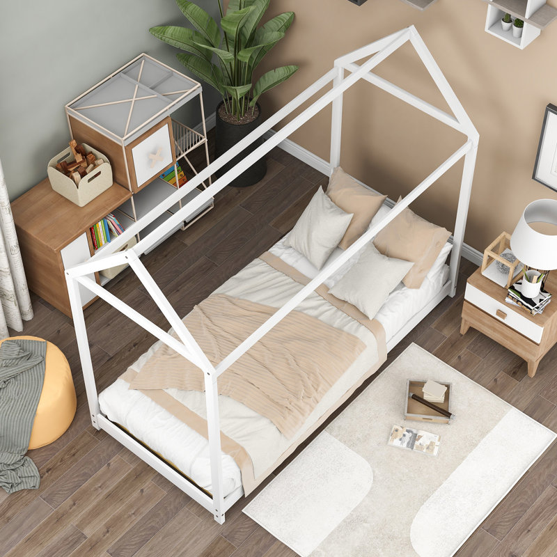 Twin Kids House Bed Frame with Solid Wood Construction, Low Floor Playhouse Bed for Bedroom, White