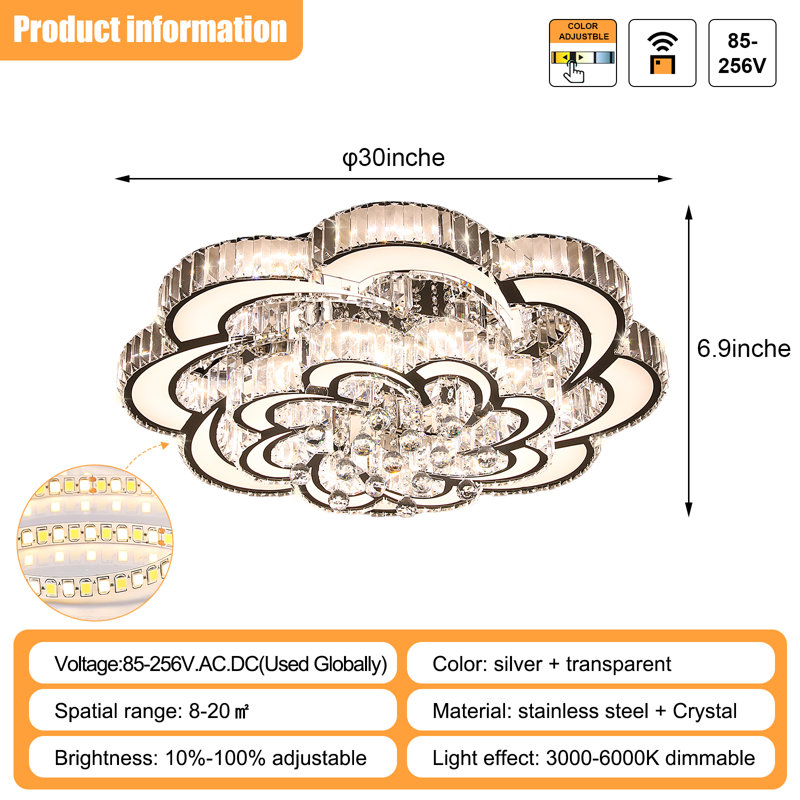 Kalylah 32in LED Flower Tiered Chandelier with Crystal Accent Variable Flush Mount Crystal Chandelier 