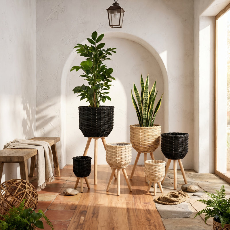 Ensemble de 3 jardinières en polyrotin avec pattes en bois, jardinières d'intérieur/extérieur texturées en corde noire pour salon, coin d'entrée