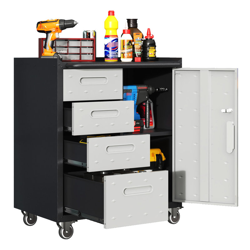 Metal Cabinet With Wheels For Garage, Office, Home. Raised Top, 4 Drawers, Lockable Storage. Strong. Black/Grey Tool Home Organization. 360 Wheels, Top. Side Adjustable Shelves.