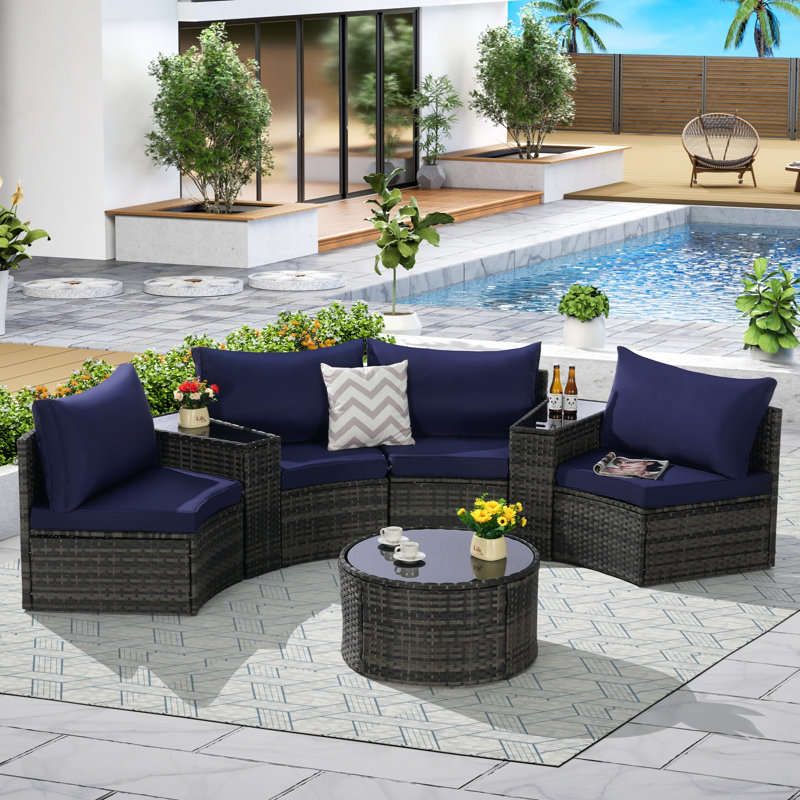 Ensemble de canapé modulaire d'extérieur demi-lune 7 pièces avec table basse ronde en verre trempé, Bleu très foncé