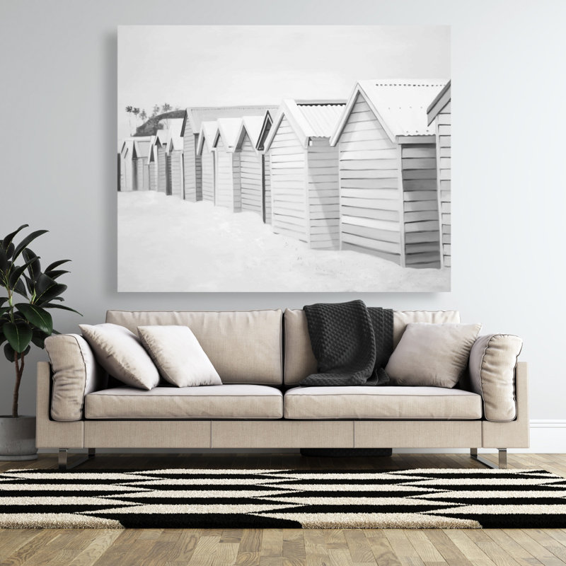 Beach Cabins - Toile grise pour la chambre à coucher | Art élégant, H 48 po x l 60 po