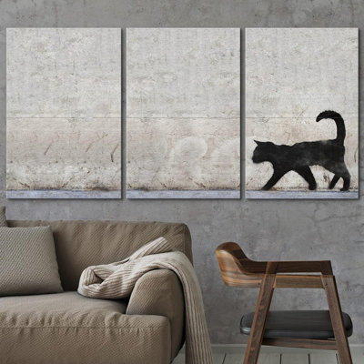 Silhouette de chat noir, triptyque, graffiti et villes d'art urbain, paysage urbain, 3 pièces