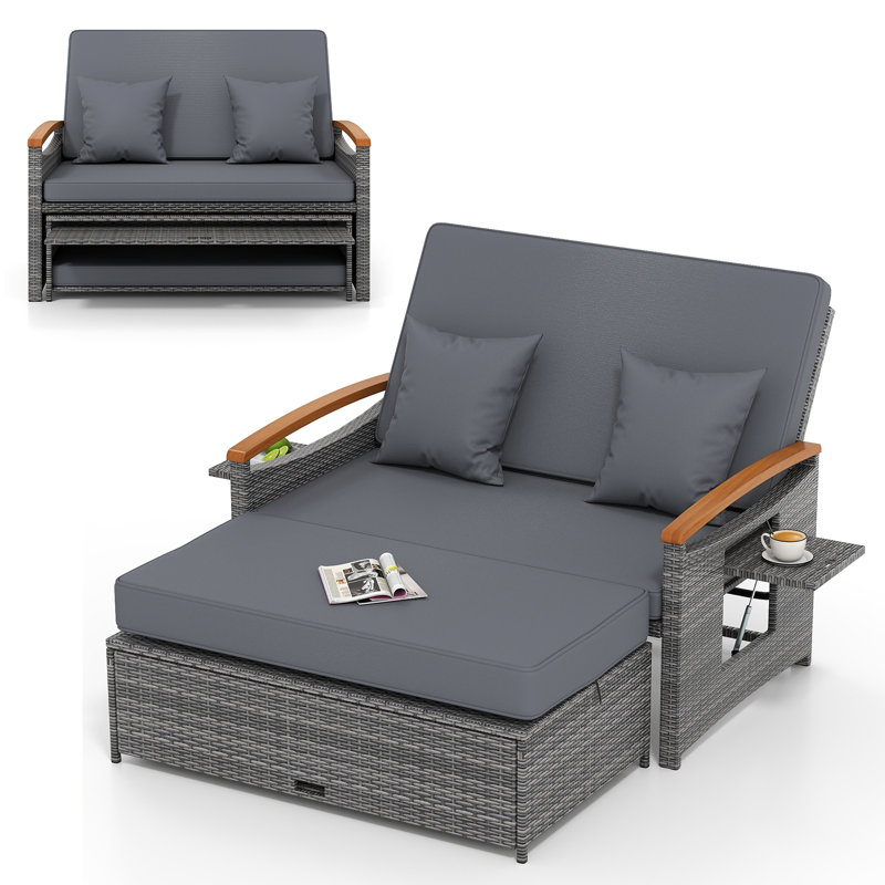 Outdoor Wicker Daybed With Folding Panels & Storage Ottoman, Gray, Gray, Gray