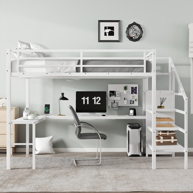 Metal Loft Bed with Desk & USB,LED lights, White, Queen