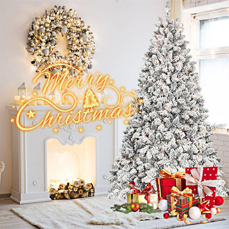 Arbre de Noël floqué avec support en métal, 4.5', Blanc chaud