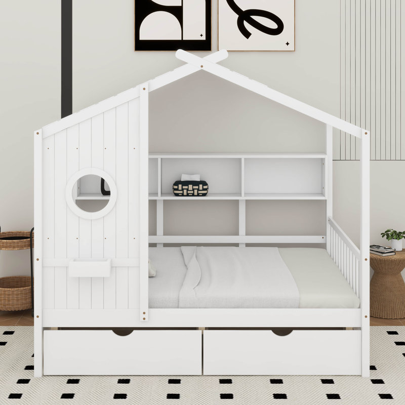 Lit en bois avec tablette de rangement et tiroirs, Lit double, Blanc