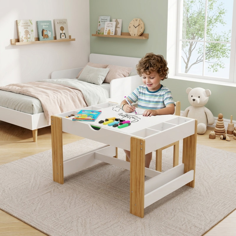 Table pour enfants, 7 compartiments de rangement, compatible avec le bloc de construction LEGO, mobilier de jeu de table d'apprentissage moderne