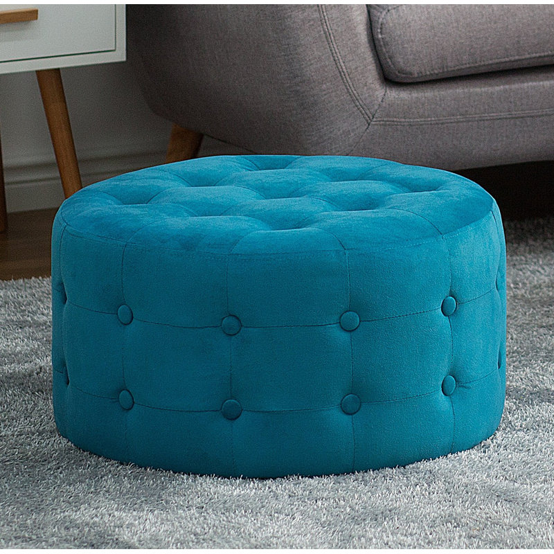 Wona 55cm Wide Velvet Tufted Round Pouf Ottoman, Blue