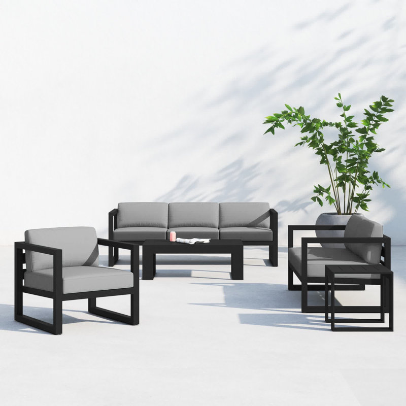Smith 5 Piece Sofa Seating Group with Sunbrella Cushions, Cast Silver Sunbrella®, Black