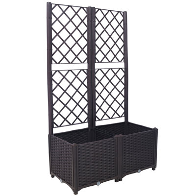 Poly Rattan Brown Trellis Raised Bed  With Drainage Plug - 2 Removable Pots With Large Flower Boxes - Built-In Support For Climbing Plants - Outdoor Patio Garden Decoration