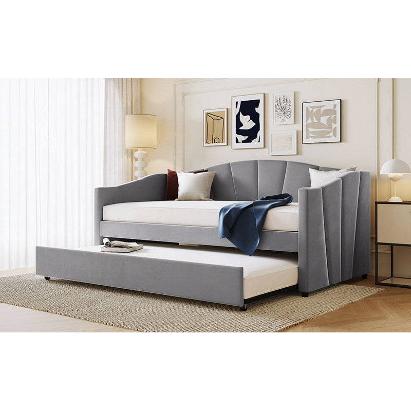 Kacy Upholstered Daybed with Trundle, Sofa Bed,bed frame,platform bed, Twin, Gray