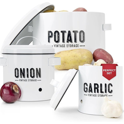 Kitchen Vegetable Storage Set For Pantry & Countertop — Set Of 3 Kitchen Containers Including Potato Bin, Onion Keeper & Garlic Storage