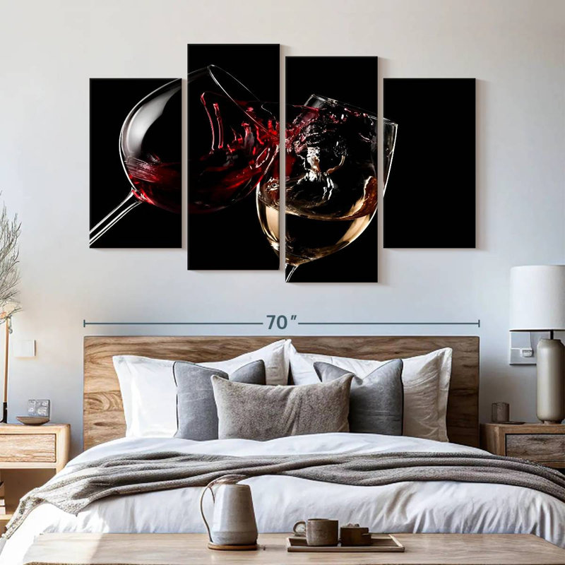Ensemble de verres à vin rouges et blancs sur toile 4 pièces, H 42 po x l 68 po x P 1,25 po