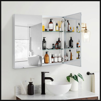 30X26 Inch Double Door Mirror Aluminum Medicine Cabinet Surface Mount Or Recessed Bathroom