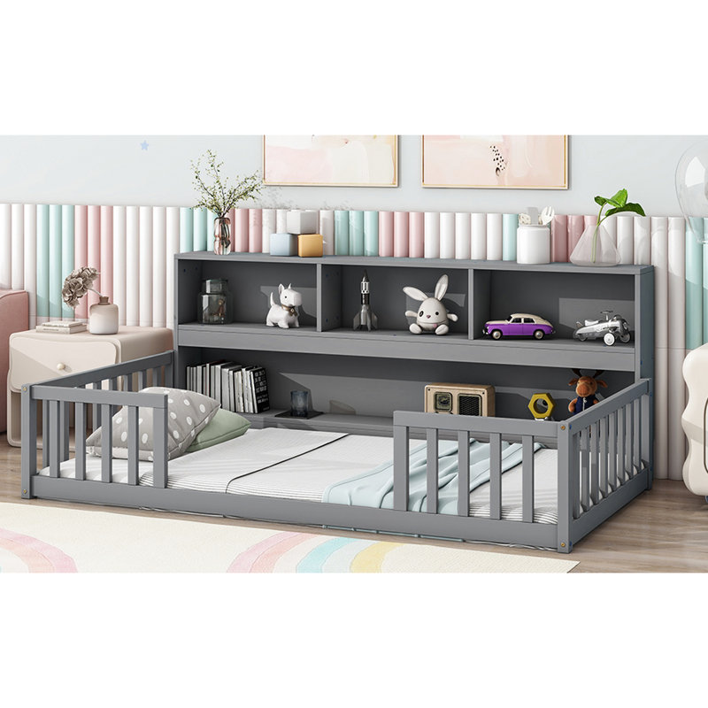 Twin Floor Bed With Guardrails & Grey Bookcase Shelves - Bedroom Elegant Bedside Storage Elegance, Gray, Twin
