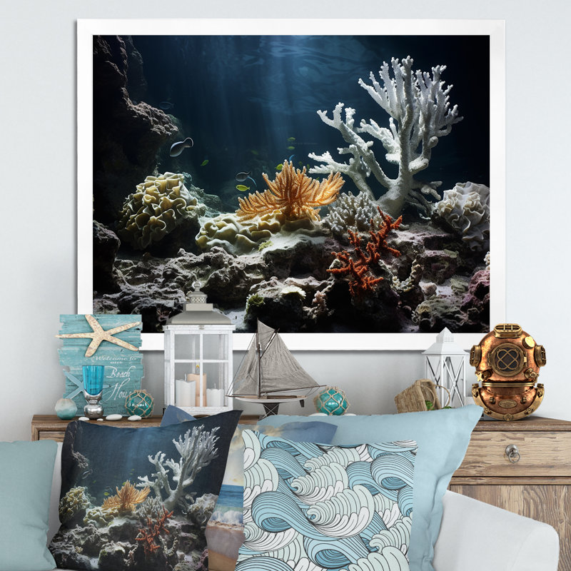 Impression d'art sur toile, "Deep Light On Coral Hidden Treasures III" - Plage et océan, Cadre simple blanc