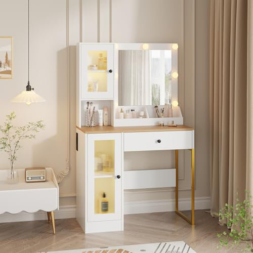 Makeup Vanity Desk with Mirror & Adjustable LED Lights, Modern Vanity Table with Open Shelves & Acrylic-Door Cabinets
