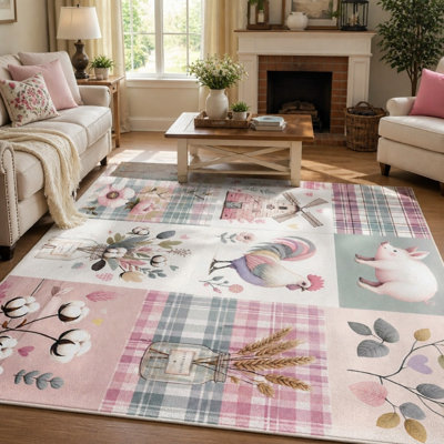 1 tapis de campagne patchwork de style campagnard avec coq, cochon et motifs floraux, tapis d'intérieur lavable pour le salon, la chambre à coucher et la cuisine