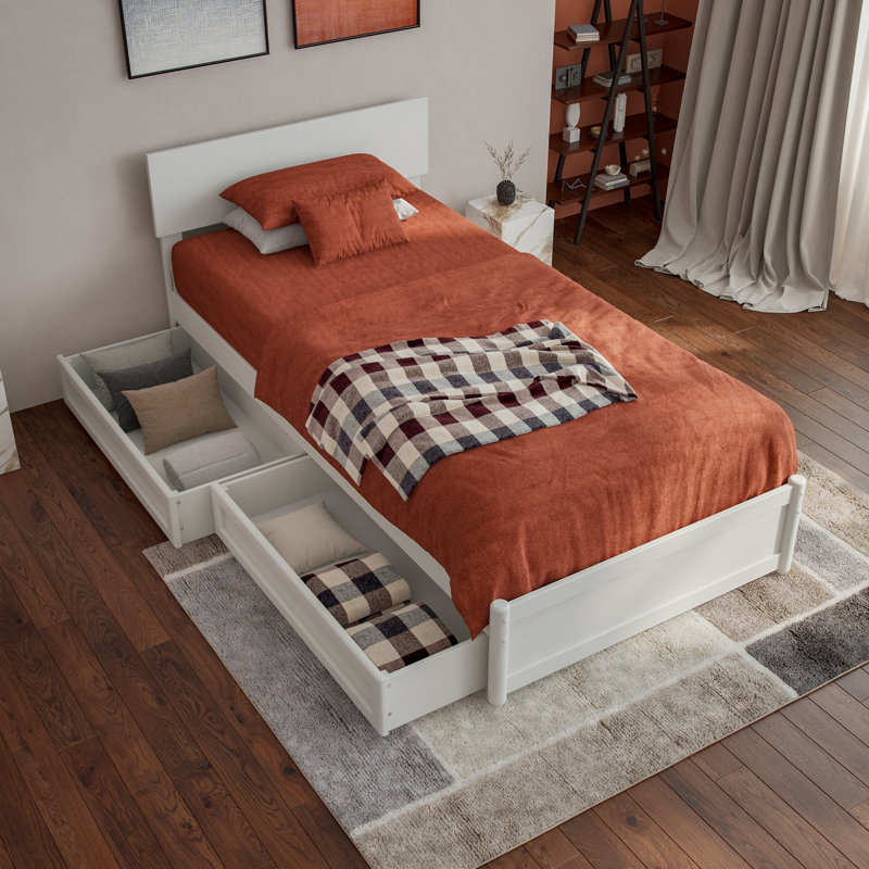 Lit plateforme Lamecia avec pied de lit à panneau et tiroirs de rangement, Simple TG, Blanc