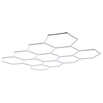 Projecteur hexagonal pour garage 330 W 39 600 lm 6 500 K, système de 11 grilles DEL, éclairage puissant pour la vente au détail automobile, installation facile, matériau PC durable, pour garage, entrepôt, atelier, magasin, salle de sport