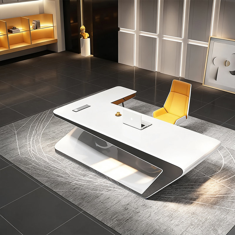 Bureau moderne en L blanc brillant de luxe moderne, peinture ultrabrillante blanche et noire, design futuriste