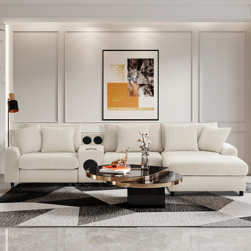 Canapé modulaire en L 114 po en velours côtelé avec haut-parleurs Bluetooth, repose-pieds de rangement et fonctions multifonctionnelles