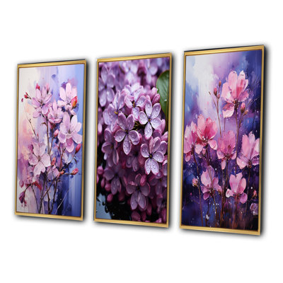 «Lilacs Représentation multicolore acrylique», 3 pièces sur toile