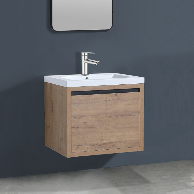 Meuble-lavabo mural avec lavabo, meuble-lavabo flottant pour petite salle de bain et salle d'eau, Imitation chêne