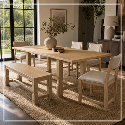 Ensemble de salle à manger 6 pièces avec table extensible avec 2 rallonges amovibles, 4 chaises et 1 banc