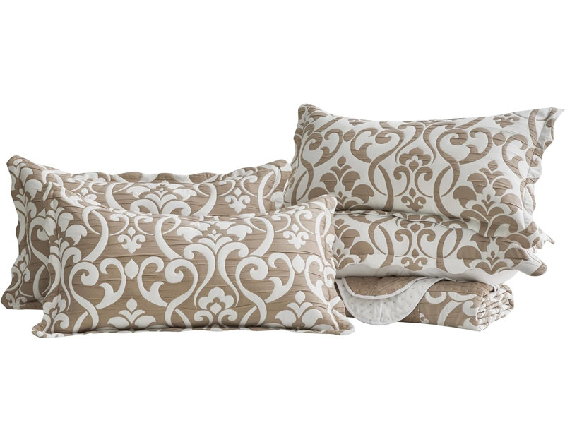 5-Piece Oversized Jacquard Matelasse Floral Damask Bedspread Set Textured Dot Scalled Edge Border, White/Taupe Damask