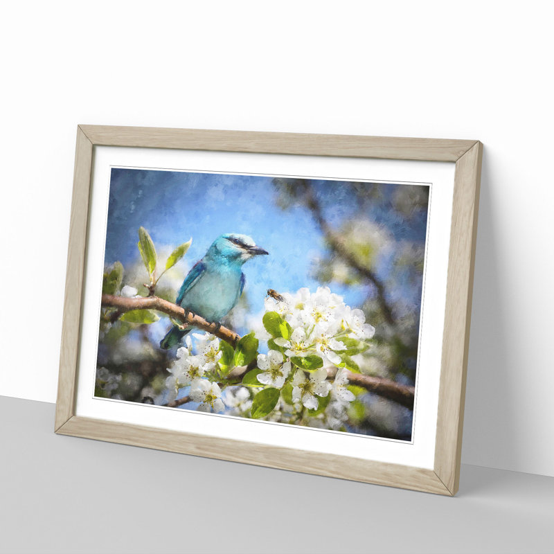 Blue Bird & Cherry Blossom Tree Painting 1 Piece Single Picture Frame Wall Art on MDF, 24cm H x 33cm W x 2cm D, Oak