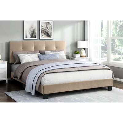 Grand lit plateforme en bois massif avec velours brun, taille réglable en bois, option tête de lit