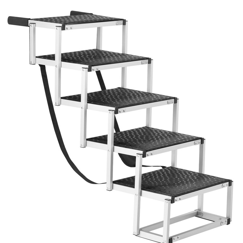 Escalier pour chien pliant en 5 étapes pour les voitures, en aluminium, pouvant supporter jusqu'à 150 lb, pour les petits animaux, les personnes âgées ou les animaux blessés, pouvant entrer dans des véhicules, des lits, des canapés, une surface confortable, une construction en aluminium stable et facile à transporter,
