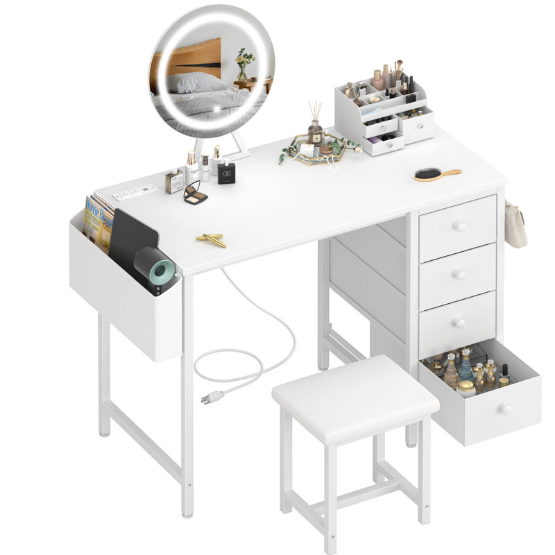 Built-In Outlets Makeup Desk With Mirror And Light- Vanity Set Table With Chair & Drawers, White
