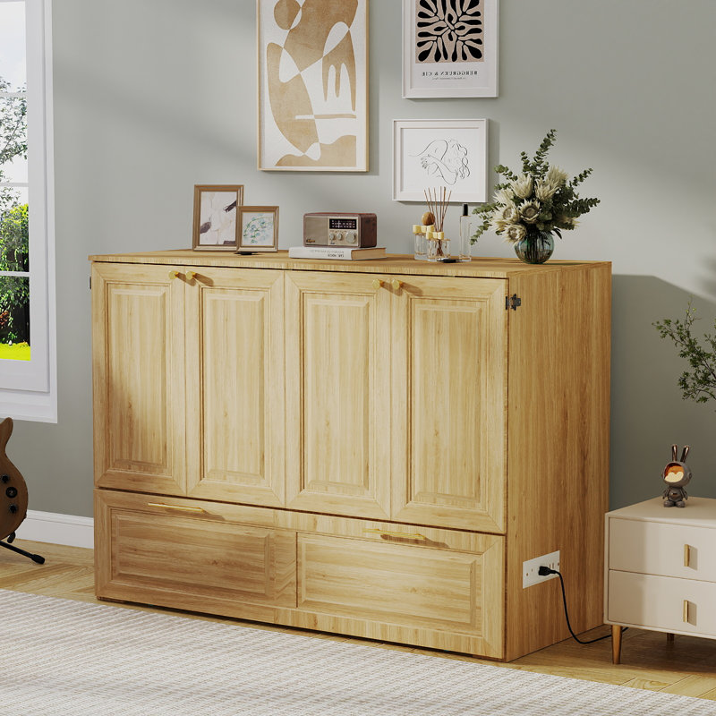 Full Size Storage Murphy Bed with Large Storage Drawer Home Office 0r Small Room, And Built-In Charger, Modern Murphy Bed