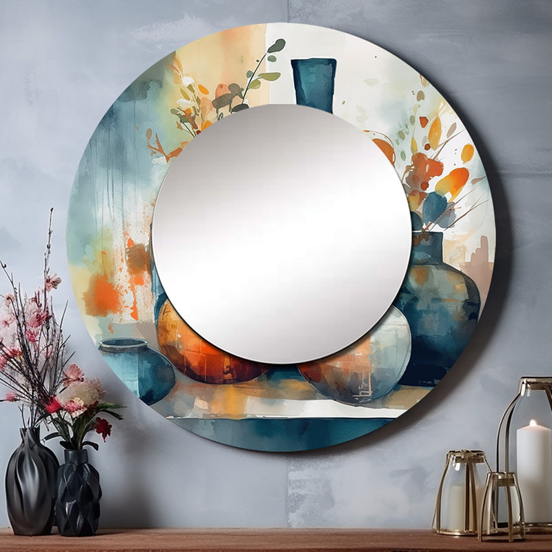 Obrey bleu et orange artisanal Boho Pottery I - miroir mural décoratif de poterie Boho, miroir rond traditionnel, impression d'art en métal