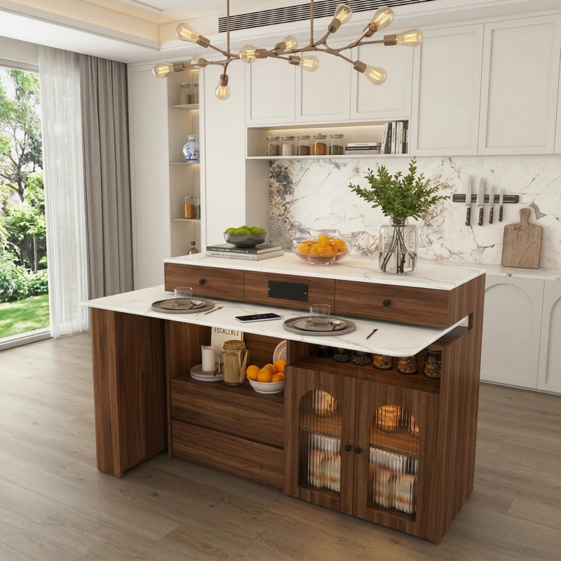 Îlot de cuisine avec table extensible et pivotante, MDF avec placage de marbre, design rétro, 4 tiroirs et placards à portes vitrées avec prise intégrée, coin repas extensible pour 2 à 4 personnes (noyer)