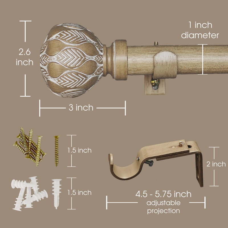 Tringle à rideau simple réglable de 1 pouce avec embouts sculptés en forme de feuille., 37" - 72", Naturel