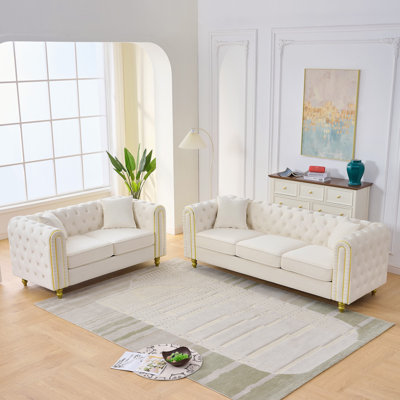 2-Piece Velvet Sofa Set With Gold Metal Legs & Pillows For Living Room