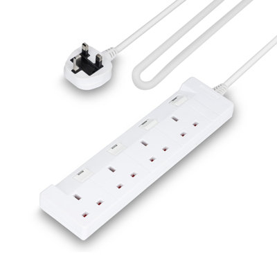 GEEPAS 4 Gang Extension Lead, 2M Cable | 4-Way Plug Extension Cable | Wall Mountable & Multi Socket Mains Strip With Individual Switches For Home Office | Heavy Duty UK Plug | White