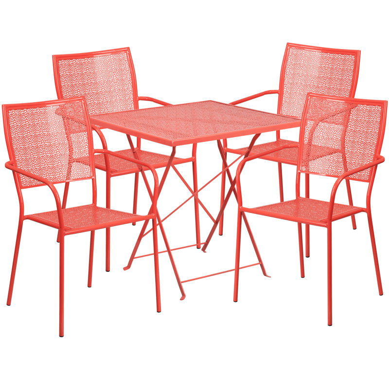 Raiden 28'' Square Indoor-Outdoor Folding Patio Table Set with 4 Square Back Chairs, Coral