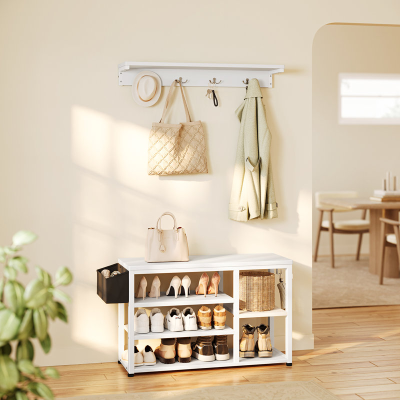 Arbre d'entrée Modern Farmhouse de 39,4 po de largeur avec banc, rangement pour chaussures et crochets, Blanc