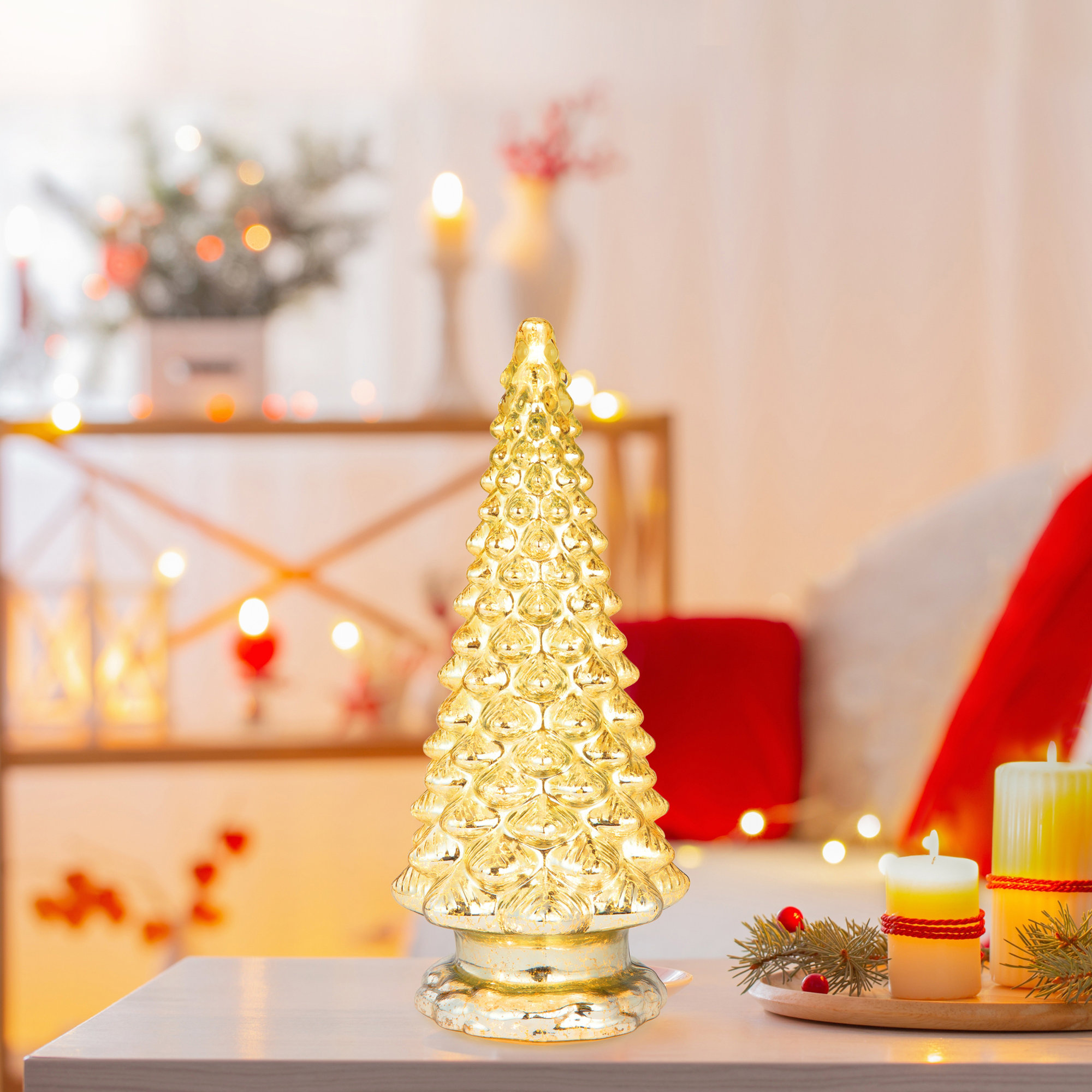 Nostalgic Mercury Glass Tree with Twinkling Lights, 16" H x 6.60" W x 6.60" D