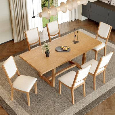 7-Piece Extendable Dining Table Set for 6, Rectangular Kitchen Table with 6 Upholstered Chairs, Curved Back Dining Chairs for Dining Room