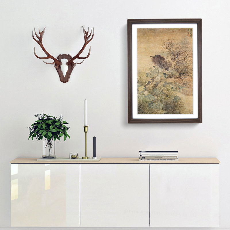 Blue Heron & Hibiscus by Matsumura Goshun - Framed Print, Walnut, 50cm H x 35cm W x 2cm D