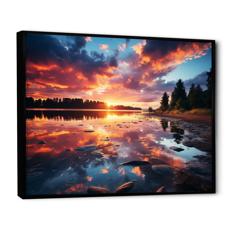«Horizon Sunset by the Lake I», art mural sur toile, Cadre flottant noir, H 30 po x l 40 po x P 1,5 po