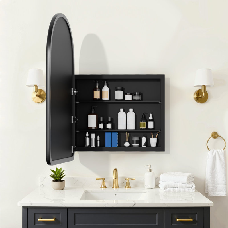 Pharmacie encastrée ou à fixation en surface avec tablettes réglables en miroir, Noir