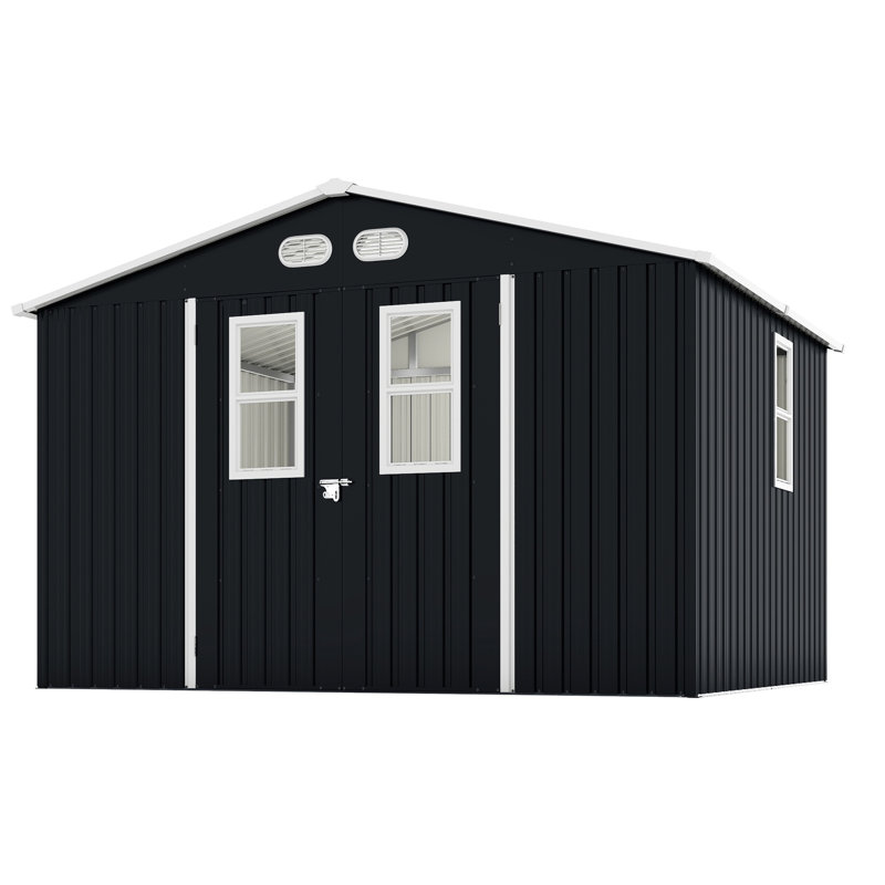 Remise de rangement extérieure 8 x 10 en métal gris foncé, avec protection et portes verrouillables, idéale pour l'équipement de jardin de jardin